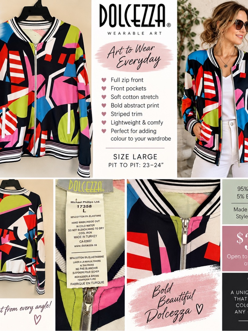 Dolcezza Multicolor Abstract Geometric Bomber Jacket — Large - Picture 2 of 2